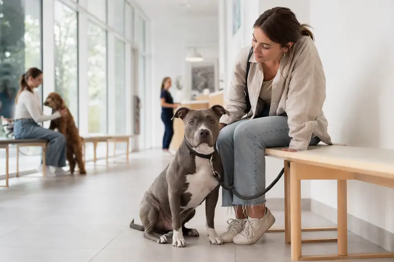 Ein English Pitbull Terrier sitzt ruhig neben seinem Besitzer im hellen Wartezimmer einer modernen Tierarztpraxis.